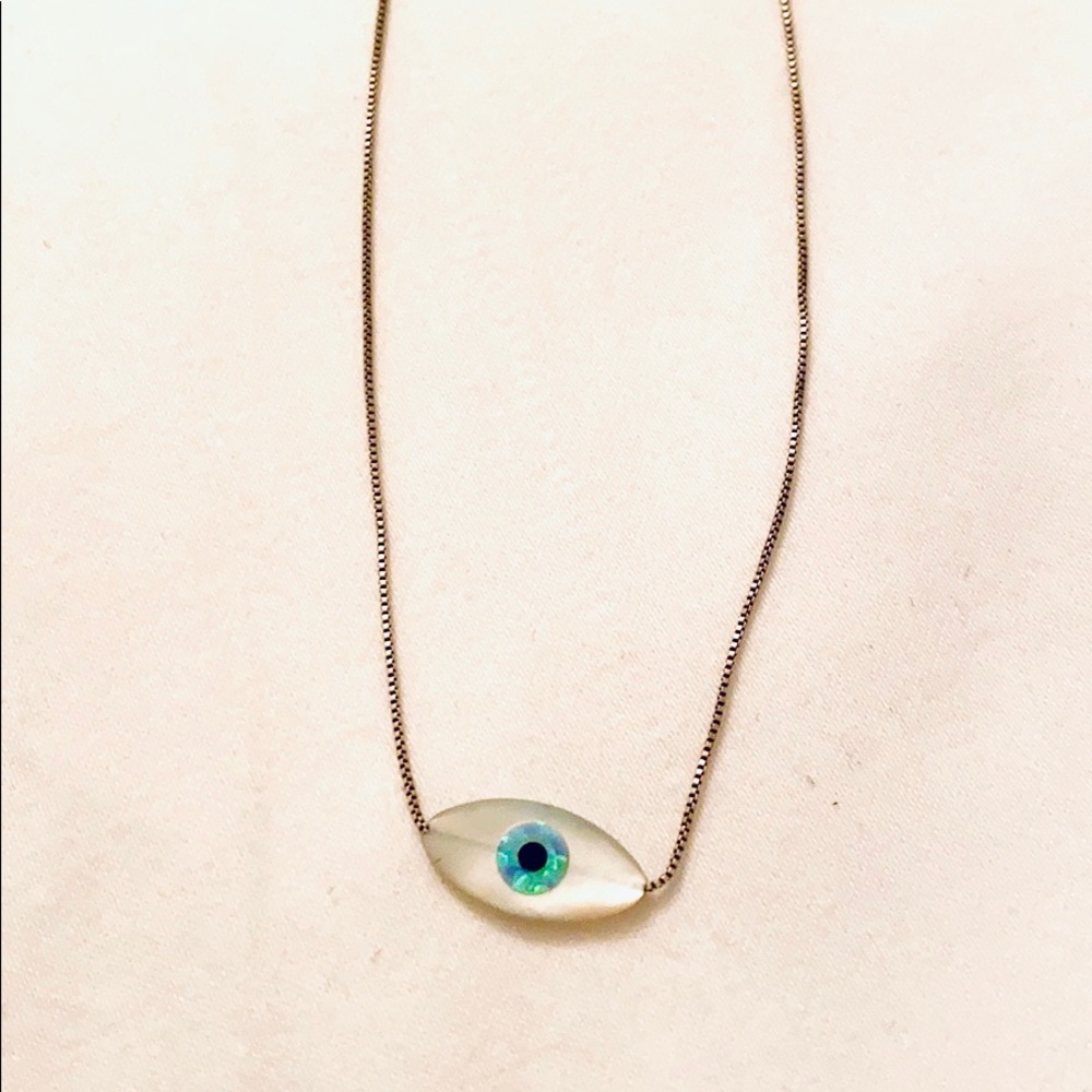 Mother of pearl evil eye on sterling chain